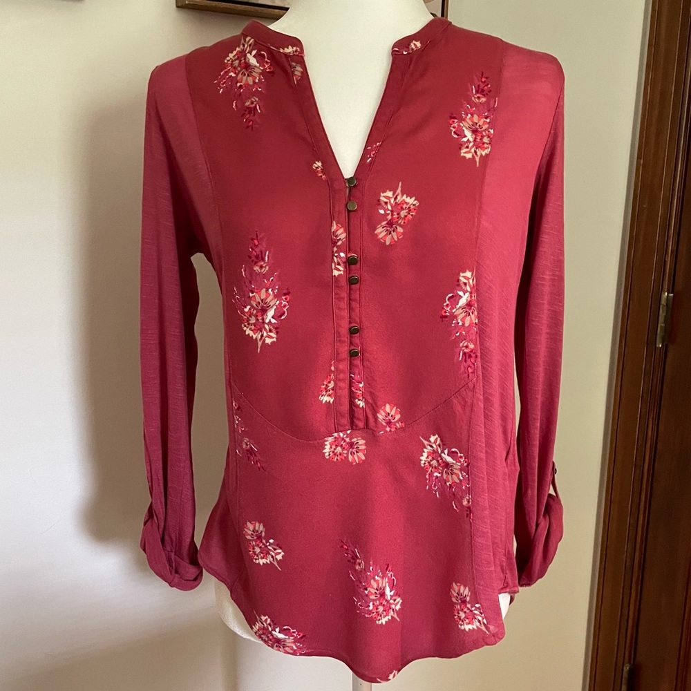 Lucky Brand Bib Front Tunic Collar Button Up Blouse W Roll-up Sleeves